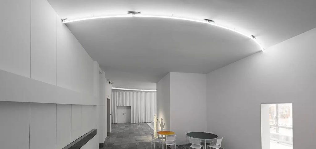 white neon half-circle on the ceiling at Julia Stoschek Foundation Berlin 2017