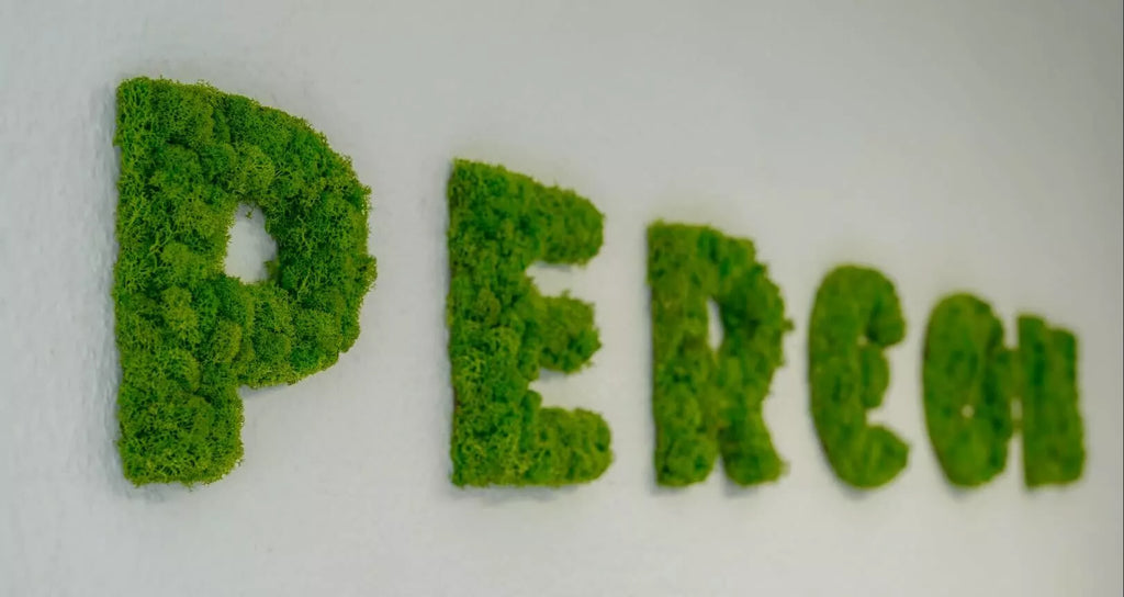 Percon reindeer moss logo on white wall