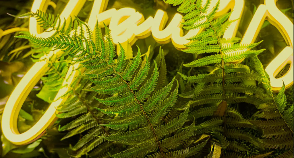 Love Yourself LED Neon on Jungle Plants Wall Detail Shot
